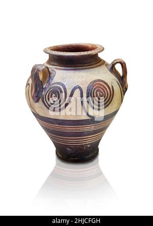 Mycenaean pottery - Terracotta periform palace style jar with swirl design . 1400-1300 BC. Mycenaean Epidauros necropolis.  Nafplio Archaeological Mus Stock Photo