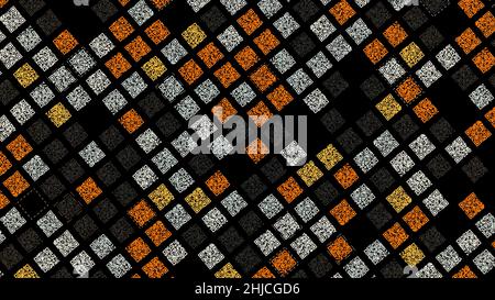 Technological background with parallel rows of orange, yellow, white, and black square shaped QR codes. Animation. Many same size QR codes on black ba Stock Photo