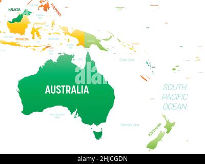Australia and Oceania detailed political map with lables Stock Vector