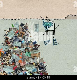hand drawn Cartoon scuba man with a big pile of garbage under the sea, with disposable Covid Masks Stock Photo