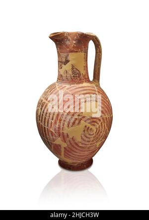 Geometric Period Greek pottery trefoil mouthed oinochoe,  Asine, 730-690 BC . Nafplion Archaeological Museum.. . Against white background. Photographe Stock Photo