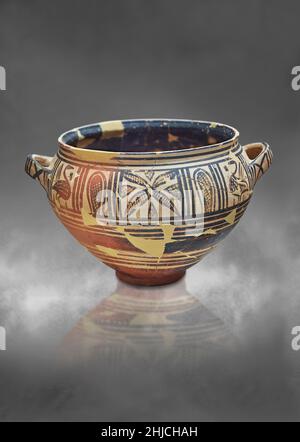 Mycenaean pottery . krater with geometric and bird designs,  Nafplion Archaeological Museum. . Against grey art background. Photographer Paul E Willia Stock Photo