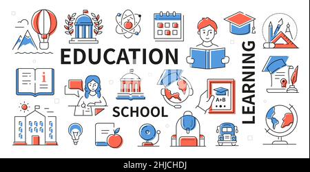 School education - modern flat design style web banner with line elements and editable stroke. Illustration with science subjects, university students Stock Vector