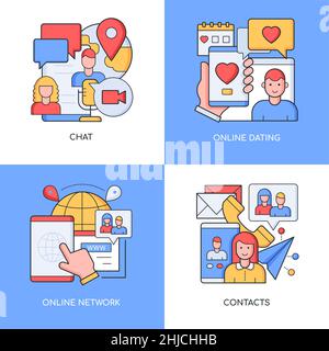Online communication - set of line design style colorful illustrations. Four detailed images on chat and network topic. Contacts, dating, remote conve Stock Vector
