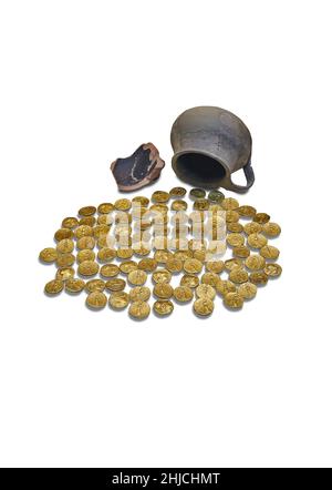 Ancient Greek gold coin hoard offering, sanctuary of Artemis, Epidaurus, circa 3rd cent BC. Napflion Archaeological Museum. Against white background. Stock Photo
