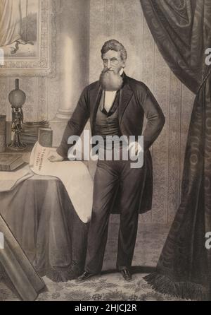John Brown (1800 - 1859) was a famous and controversial American abolitionist who advocated and practiced armed insurrection. He led the Pottawatomie Massacre and the unsuccessful raid at Harpers Ferry. He was tried and executed for treason, murder, and conspiracy. Lithograph by Anton Hohenstein, 1866. Stock Photo