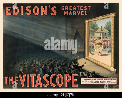 A poster showing an audience and 'Edison's greatest marvel, The Vitascope.' Metropolitan Print Company, c. 1896. Vitascope was an early film projector patented in 1895 by Charles Francis Jenkins and Thomas Armat. It was adopted by Thomas Edison to project his Kinetoscope films in the first Nickelodeon theater. Stock Photo