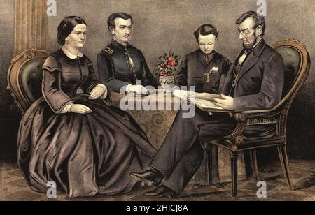 Currier & Ives portrait of the Lincoln Family, published 1867. Showing the recently assassinated Abraham Lincoln (1809-1865) with his wife Mary Todd, and two boys Robert and Tad.