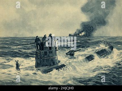 German U-boat attack, World War II. Painting by by German artist Adolf Bock (1890-1968) of German sailors on the conning tower of a U-boat (submarine) that has surfaced after sinking a British cargo ship during World War II (1939-1945). Lifeboats of survivors in background. Stock Photo