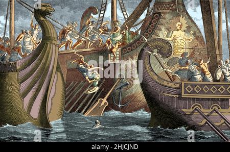 Colorized illustration depicts The Battle of Cape Ecnomus, 256 BC. This Punic War naval battle, possibly the largest naval battle in history, took place off southern Sicily between the fleets of Carthage and the Roman Republic. The Carthaginians took the initiative and the battle devolved into three separate conflicts. After a prolonged and confused day of fighting, the Carthaginians were decisively defeated, losing 30 ships sunk and 64 captured to Roman losses of 24 ships sunk. After an engraving from Naval Battles, Ancient and Modern by Edward Shippen, 1883.