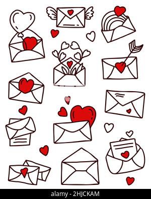 Set of linear hand drawn doodles. envelopes, letters with love and hearts, arrows, flowers and rainbow. Vector illustration. Isolated elements on whit Stock Vector