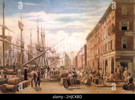 View of South Street, from Maiden Lane, New York City, circa 1827. Watercolor by William James Bennett (1787‚Äì1844). Stock Photo