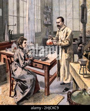 Marie and Pierre Curie in their laboratory in Paris. Illustration from Le Petit Parisien, Jan, 10, 1904. Marie Curie (1867-1934) was a Polish-French physicist and chemist and multiple Nobel laureate. Her achievements included a theory of radioactivity (a term that she coined), techniques for isolating radioactive isotopes, and the discovery of two elements, polonium and radium. Pierre Curie (1859-1906) was a French physicist, a pioneer in crystallography, magnetism, piezoelectricity and radioactivity, and Nobel laureate. Stock Photo