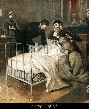 Emile Roux administers his cure for the croup, 1894. Pierre Paul Emile Roux (1853-1933) was a French physician, bacteriologist and immunologist who was one of the closest collaborators of Louis Pasteur, a co-founder of the Pasteur Institute and discoverer of the anti-diphtheria serum, the first effective therapy for this disease. Roux dedicated himself to investigations on the microbiology and practical immunology of tetanus, tuberculosis, syphilis, and pneumonia. Stock Photo