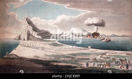 Panorama of naval attack on fortified Gibraltar by French and Spanish warships, showing a ship exploding (with mushroom-shaped cloud), September 13, 1782. The Great Siege of Gibraltar was an unsuccessful attempt by Spain and France to capture Gibraltar from the British in the aftermath of the American Revolution. Colored aquatint published by W. Faden, August 1, 1783, after G. F. Koehler. Stock Photo