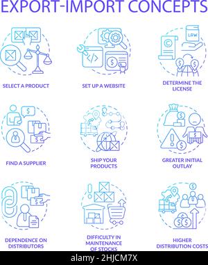 Export and import business blue gradient concept icons set Stock Vector