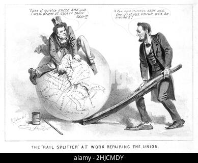 The 'rail splitter' at work repairing the union: Cartoon print shows Vice President Andrew Johnson attempting to stitch together the map of the United States with a needle and thread while Abraham Lincoln uses a split rail to position the globe. Johnson warns, 'Take it quietly Uncle Abe and I will draw it closwer than ever.' While Lincoln commends him, 'A few more stitches Andy and the good old Union will be mended.' Illustration by Joseph E. Baker (1837-1914), 1865. Stock Photo