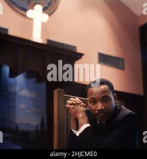 Martin Luther King, Jr. in a church in Atlanta, Georgia, 1968. Martin Luther King, Jr. (January 15, 1929 ‚Äì April 4, 1968) was an American clergyman, activist, and prominent leader of the civil rights movement. He was assassinated on April 4, 1968 in Memphis, Tennessee. Stock Photo