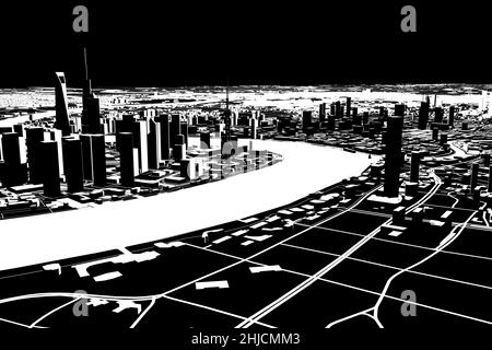 Satellite view of Shanghai, map of the city with house and building. Silhouette, black and white. Skyscrapers. China. People's Republic of China Stock Photo