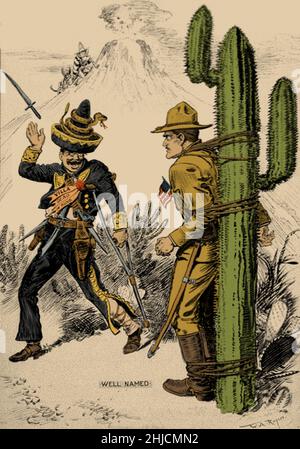 Pancho Villa, dressed in Mexican attire, looking at John Pershing tied to a cactus, with volcano in background. The Pancho Villa Expedition was a military operation conducted by the US Army against the forces of Mexican revolutionary Pancho Villa from March 1916 - February 1917, during the Mexican Revolution of 1910-20.  William Allen Rogers, New York Herald, November 26, 1916 (color-enhanced). Stock Photo