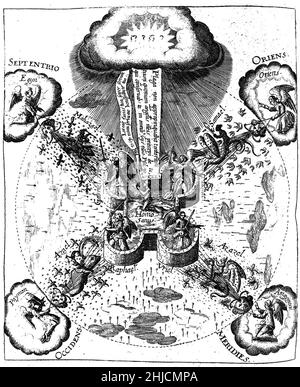 System of health by English physician, astrologer, and mystic Robert Fludd (1574-1637). This engraving depicts a healthy man (center) surrounded by archangels within the fortress of the body. Plagues are sent from demonic figures from the four corners of the world: from the north comes melancholy, from the east comes disease of the phlegm, from the south comes sanguine diseases and from the west choleric. The man is empowered to defend against disease by the divine (at top). This engraving comes from Medicina Catholica by Robert Fludd, 1631. Stock Photo