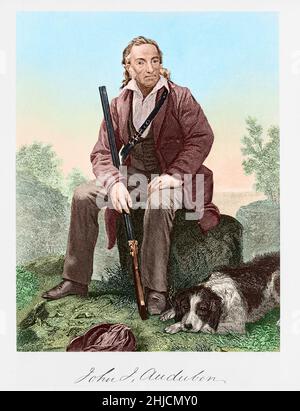 Colorized illustration of John James Audubon (1785-1851) seated, posing with a rifle, and a dog at his feet. Audubon was a French-American ornithologist known for his detailed illustrations of birds in their natural habitats. His method for drawing birds was to kill them using fine shot and then propping them into a natural position using wires. Stock Photo