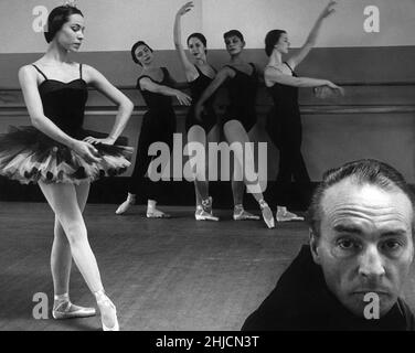 Russian-American choreographer and artistic director George Balanchine (January 22, 1904 - April 30, 1983) and prima ballerina Maria Tallchief (January 24, 1925 - April 11, 2013). Balanchine and Tallchief are shown here with other members of the New York City Ballet, at the New York City Center of Music and Drama, November, 1953. Stock Photo