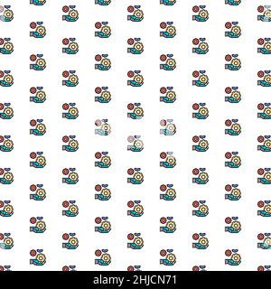 Hand holds a gears, tech development, engineering, technology pattern with various icons. Stock Vector
