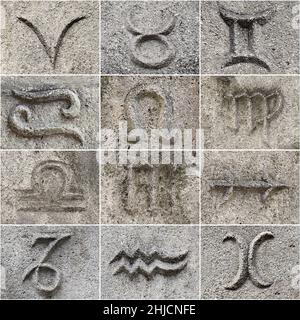 Zodiac signs collage on sand stone Stock Photo