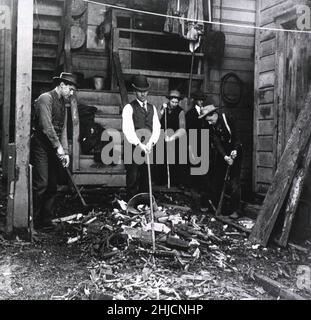U.S. Public Health and Marine Hospital Service workers using pickaxes, shovels and rakes to clean debris from a former backyard rat-nesting area, San Francisco, California. during the second bubonic plague epidemic of 1907-1908. The first, centered in Chinatown, was in 1900-1904, the first such plague epidemic in the continental US. Stock Photo