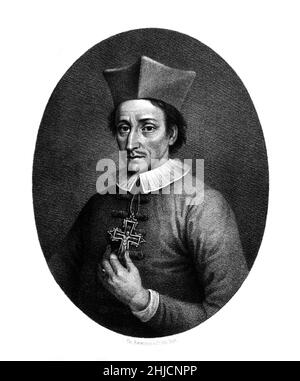 Nicolas Steno (1638-1686), Danish anatomist, geologist, and bishop. Steno (born Niels Stensen) discovered muscle fibers, Steno's duct in the parotid salivary gland, and the pineal gland in animals, challenging the view that this gland contained the human soul. As a geologist, Steno formulated Steno's Law, drew the earliest rock strata, and postulated that fossils were the remains of ancient animals. Stock Photo