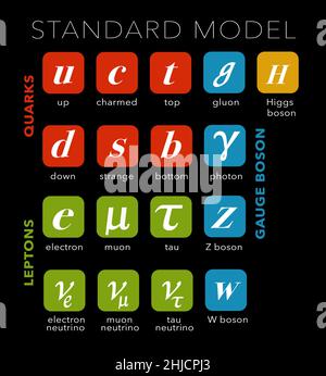 A diagram of the Standard Model to show particle physics. Particle physics standard model. The illustration shows quarks (red), leptons (green), gauge bosons (blue) and the Higgs boson (yellow). Stock Photo