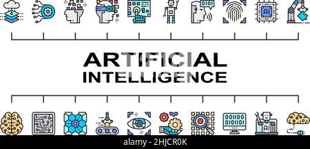 Artificial Intelligence color icon banner. Robotics, Chatbot, Database, Big Data vector illustration with colored icons Stock Vector