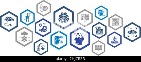 Artificial Intelligence infographic template with colored icons. Robotics, Chatbot, Database, Big Data vector illustration. Web banner layout template Stock Vector