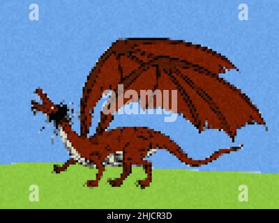 Pixel art winged dragon, vector illustration Stock Vector