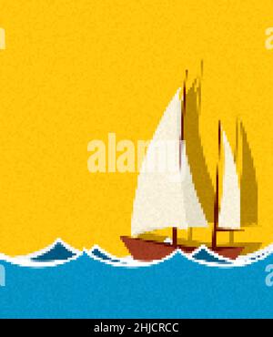 Pixel art sailing ship, vector illustration Stock Vector