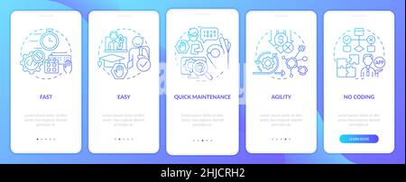 Advantages of no code blue gradient onboarding mobile app screen Stock Vector