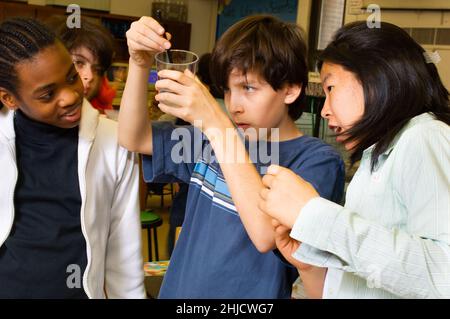 Education Elementary or Middle School Grade 6 science class DNA extraction boy and two girls working on experiment Stock Photo