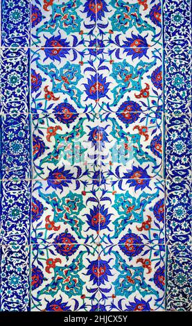 Ancient Ottoman Handmade Turkish Tiles with floral patterns from Topkapi Palace in Istanbul, Turkey. Stock Photo