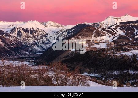 Scenic winter view of Mountain Village and Telluride, Colorado at sunset Stock Photo