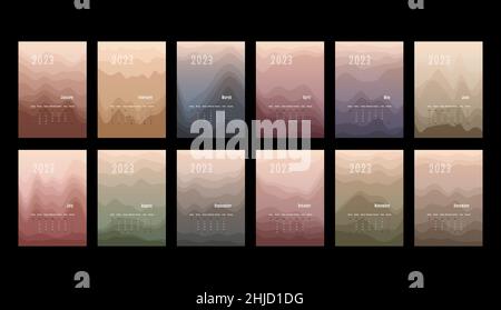 2023 vertical calendar every month separately. monthly personal planner template. Peak silhouette abstract gradient colorful background, design for print and digital. Stock Vector