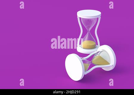 Sandglass on purple background. Vintage items. Countdown time. Historical dimension. Deadline measurement. Copy space. 3d render Stock Photo