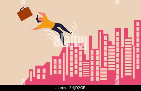 Real estate chart down and man fall to mortgage. Money for rental loss and property loan vector illustration concept. Market price for house lower and Stock Vector
