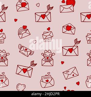 Romantic Seamless pattern with love envelopes, letters, hearts, wings, rainbows and arrows on pink background. Vector illustration in linear hand draw Stock Vector