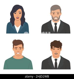 Flat vector illustration, portraits of shocked scared people faces, human emotion Stock Vector