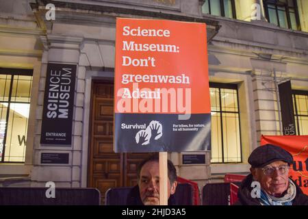 London, UK 26th January 2022. Demonstrators gathered outside the Science Museum in South Kensington in protest against the sponsorship of the museum's 'Energy Revolution' gallery by coal giant Adani, and in solidarity with Indigenous Peoples. Stock Photo