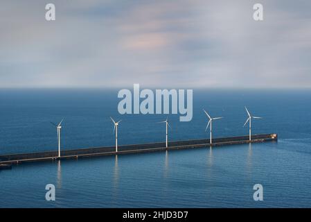 Aerial view of the breakwater with two wind turbines, Zierbena, Biscay, Basque Country, Euskdi, Spain, Europe Stock Photo