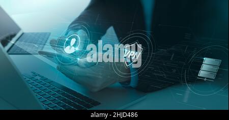 Businessman using Virtual Private Network technology on smartphone encrypted tunnel to remote server on internet to protect data privacy or bypass cen Stock Photo