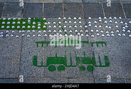 Tram sign on floor and warning bumps for blind people, Rio de Janeiro Stock Photo