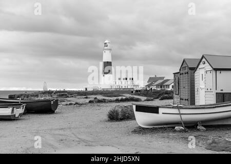 Black and white photo of Portland Bill lighthouse in Dorset Stock Photo